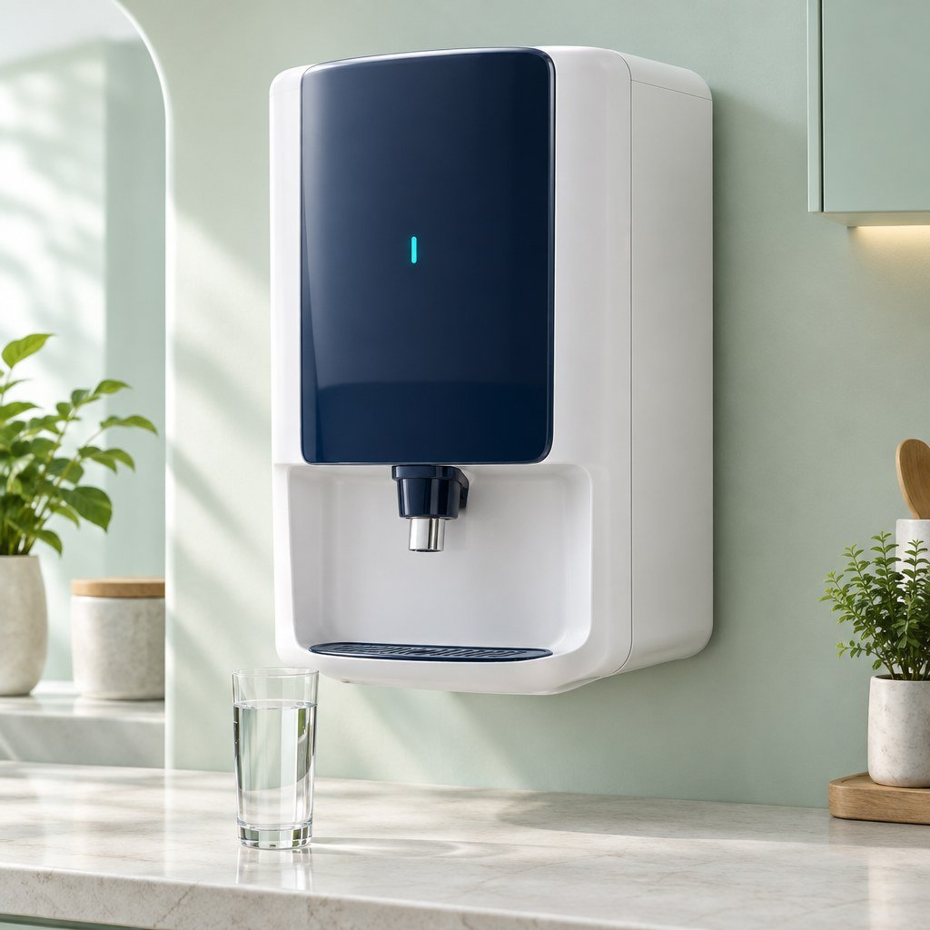 Concept illustration of a modern RO water purifier beside a glass of water